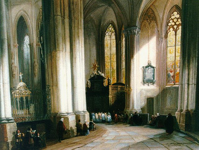 Jan Baptist Tetar van Elven | Kerkinterieur, olieverf op paneel, 39,8 x 50,5 cm, gesigneerd r.o. initialen