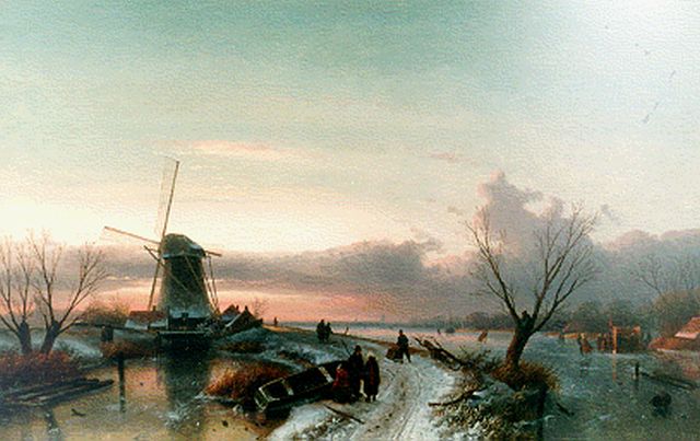 Charles Leickert | Winterlandschap bij zonsondergang, olieverf op doek, 64,1 x 100,0 cm, gesigneerd r.o. en gedateerd '69