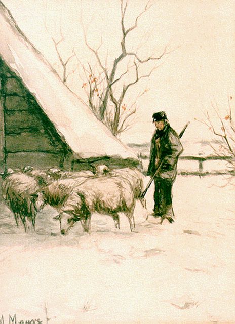 Anton Mauve | Herder bij een schaapskooi, aquarel op papier, 18,0 x 23,3 cm, gesigneerd l.o.