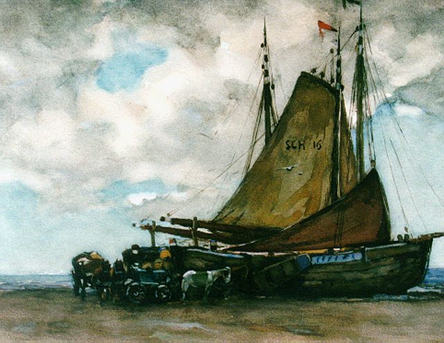 Willem de Zwart | Scheveningse bommen op het strand, aquarel op papier, 34,6 x 43,8 cm, gesigneerd r.o.