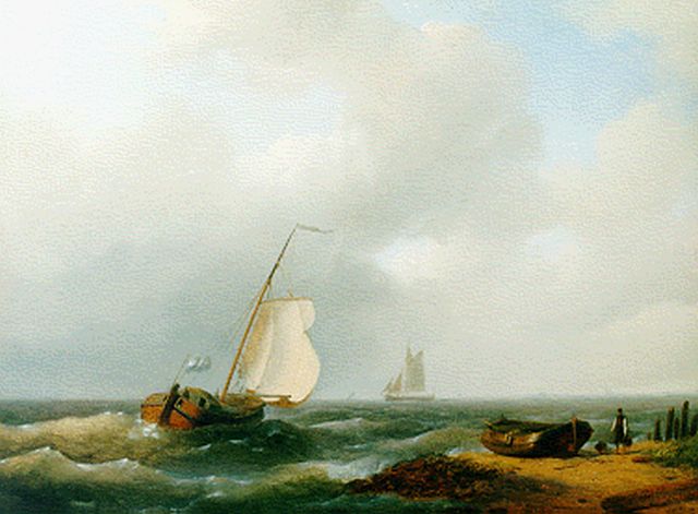 Abraham Hulk | Zeilende platbodems langs de kust, olieverf op paneel, 24,7 x 32,7 cm, gesigneerd r.o. en gedateerd 1848