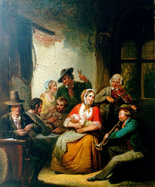 Henricus Engelbertus Reijntjens | De muzikanten, olieverf op doek, 40,6 x 30,6 cm, gesigneerd r.o. en gedateerd 1844
