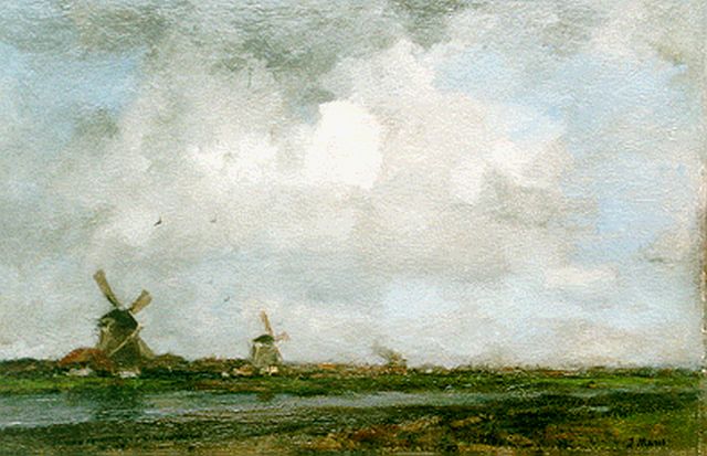 Jacob Maris | Molens langs een vaart bij Leiden, olieverf op doek, 32,3 x 49,5 cm, gesigneerd r.o.