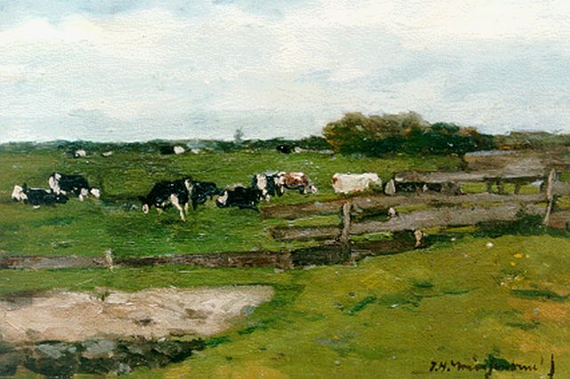 Jan Hendrik Weissenbruch | Zomers weidelandschap met grazende koeien, olieverf op doek op schildersboard, 17,5 x 24,5 cm, gesigneerd r.o.