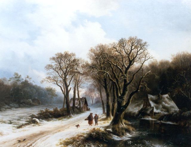Bodeman W.  | Wandelaars op winters bospad langs een bevroren sloot, olieverf op doek 77,1 x 98,0 cm, gesigneerd l.o. en gedateerd 1837