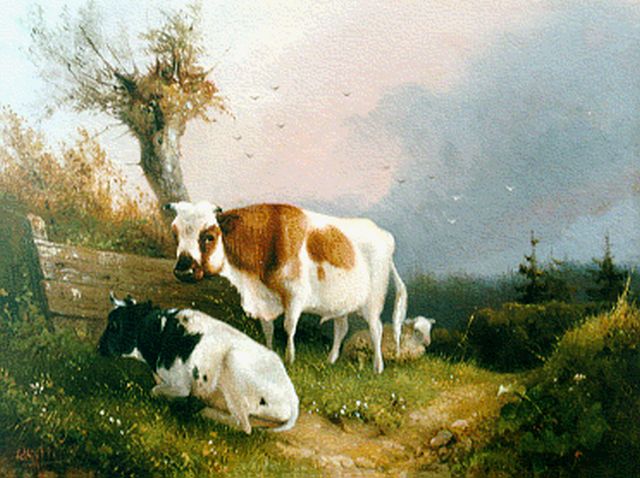 Knip A.  | Koeien bij een wilgenboom, olieverf op paneel 15,0 x 19,8 cm, gesigneerd l.o.