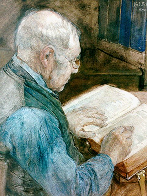 Rink P.Ph.  | Bijbellezende man, aquarel op papier 63,0 x 47,8 cm, gesigneerd r.b. en gedateerd 1899