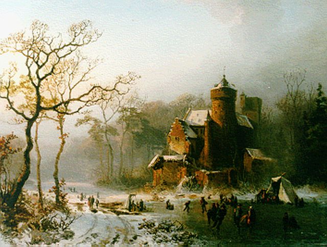 Alfred Edouard Agenor van Bylandt | Schaatsers op een meer bij een kasteel, olieverf op paneel, 31,7 x 42,5 cm