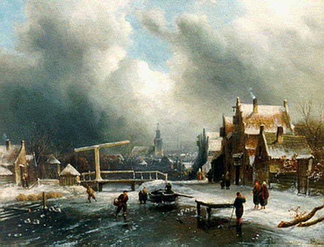 Charles Leickert | Winterlandschap met schaatsers, olieverf op paneel, 26,9 x 35,4 cm, gesigneerd r.o.