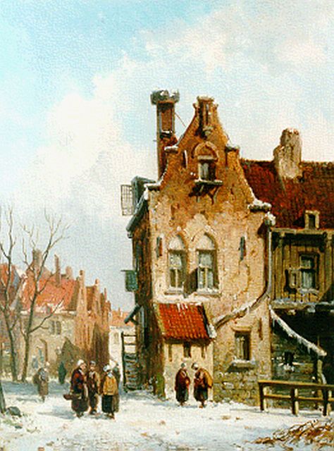 Adrianus Eversen | Drukbevolkt straatje in de winter, olieverf op paneel, 18,4 x 13,8 cm, gesigneerd l.o. monogram