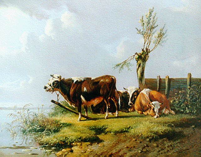 Albertus Verhoesen | Weidelandschap met koeien aan het water, olieverf op paneel, 14,3 x 17,6 cm, gesigneerd r.o. en gedateerd 1856