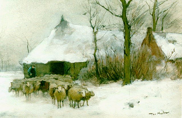 François Pieter ter Meulen | Herder met zijn kudde bij de schaapskooi, aquarel en gouache op papier, 18,2 x 26,3 cm, gesigneerd r.o.