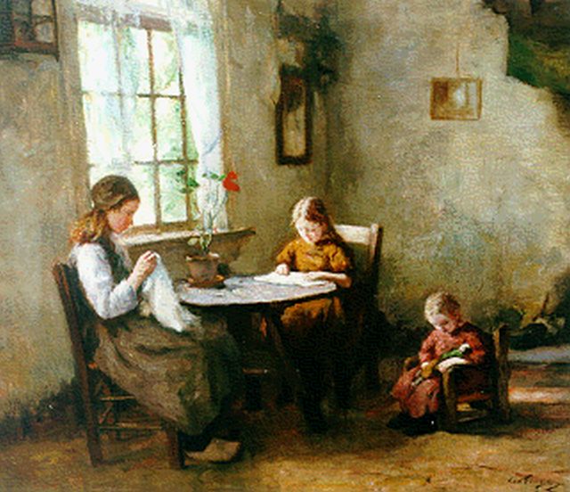 Lammert van der Tonge | Larens interieur met kinderen, olieverf op doek, 60,0 x 70,3 cm, gesigneerd r.o.