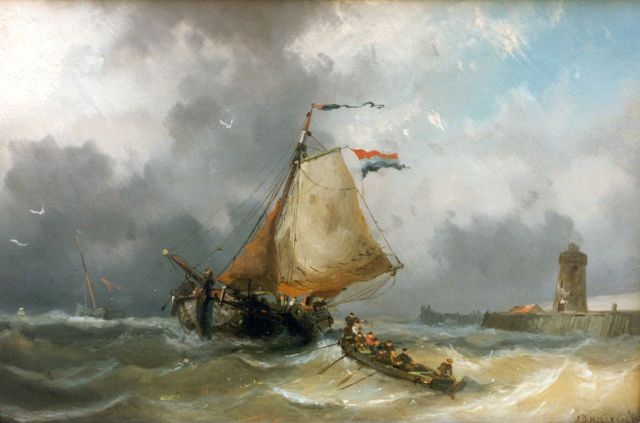 Adrianus David Hilleveld | Zeilschip en roeiboot op woelige zee bij havenhoofd, olieverf op paneel, 24,9 x 38,2 cm, gesigneerd r.o.