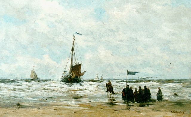 Hendrik Willem Mesdag | Strandgezicht met vissers en aankomende bomschuit, olieverf op doek, 48,5 x 78,3 cm, gesigneerd r.o.