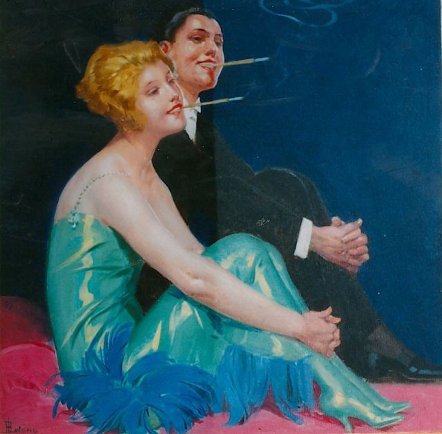 Lelong R.  | Rokend paar, olieverf op schilderskarton 34,9 x 35,3 cm, gesigneerd l.o.