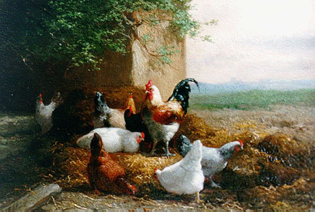 Eugène Remy Maes | Hoenders, olieverf op paneel, 16,6 x 24,0 cm, gesigneerd r.o. en gedateerd 1866 l.o.