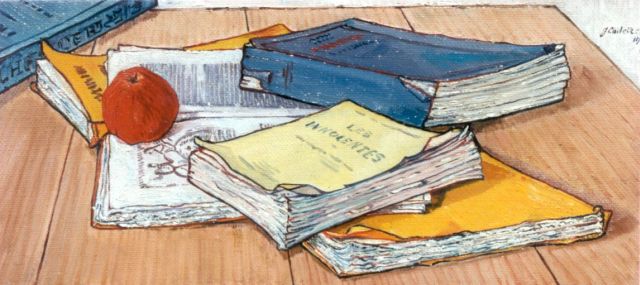 Jo Lodeizen | Les Livres Francais, olieverf op doek, 22,0 x 46,0 cm, gesigneerd r.b. en gedateerd 1918