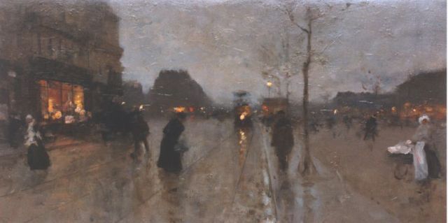 Luigi Loir | Straatscene bij avond, olieverf op doek, 32,5 x 56,0 cm, gesigneerd r.o.