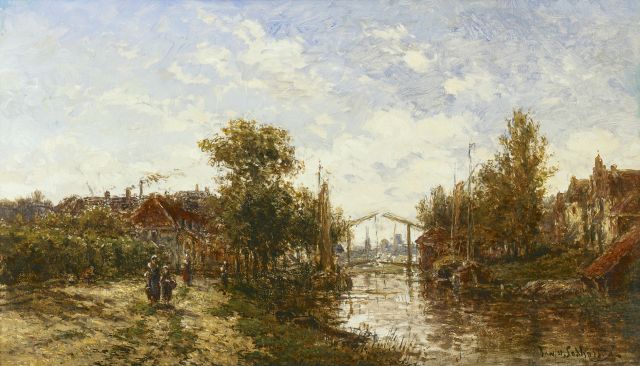 Lokhorst J.N. van | Dorpsgezicht aan riviertje (omg. Utrecht), olieverf op paneel 22,2 x 38,0 cm, gesigneerd r.o. achterzijde en gedateerd 1885