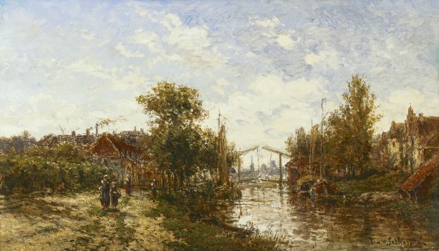Jan van Lokhorst | Dorpsgezicht aan riviertje (omg. Utrecht), olieverf op paneel, 22,2 x 38,0 cm, gesigneerd r.o. achterzijde en gedateerd 1885