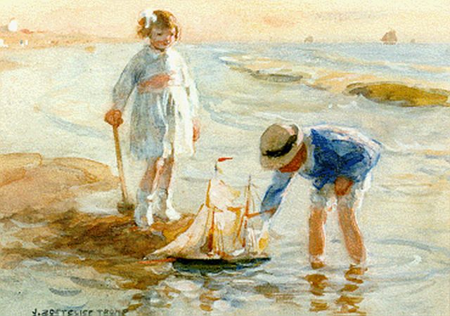 Jan Zoetelief Tromp | Kinderen met zeilbootje in de branding, aquarel op papier, 17,5 x 24,5 cm, gesigneerd l.o.