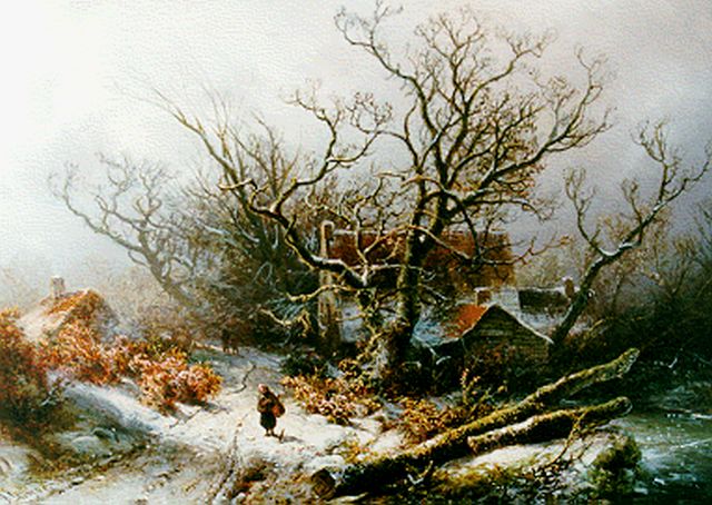 Pieter Kluyver | Boerin op een besneeuwde bosweg, olieverf op paneel, 25,3 x 35,4 cm, gesigneerd l.o.