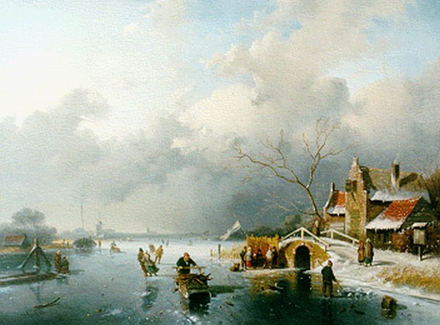 Jan Evert Morel II | Winterlandschap met schaatsers en koek-en-zopie, olieverf op doek, 49,7 x 68,0 cm, gesigneerd l.o.