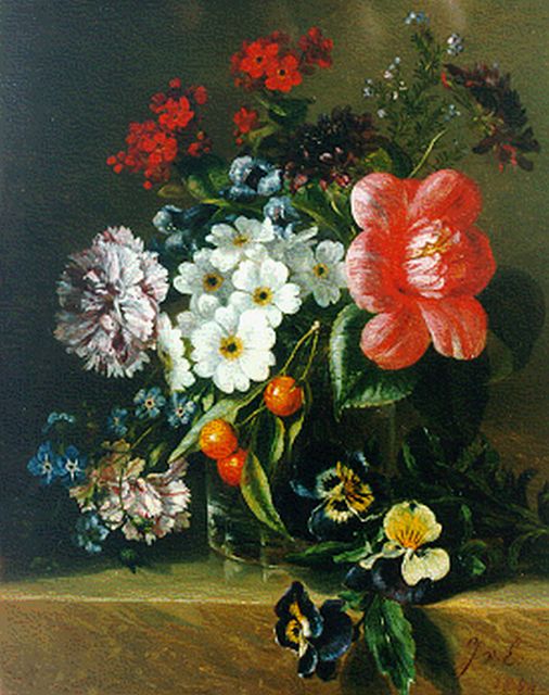 Eeghen J.R. van | Bloemstilleven met primula, kersen en violen, olieverf op paneel 27,5 x 22,0 cm, gesigneerd r.o. initialen en gedateerd 1854