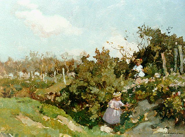Johannes Evert Akkeringa | Kinderen plukken bloemen, olieverf op paneel, 32,3 x 40,0 cm, gesigneerd r.o.