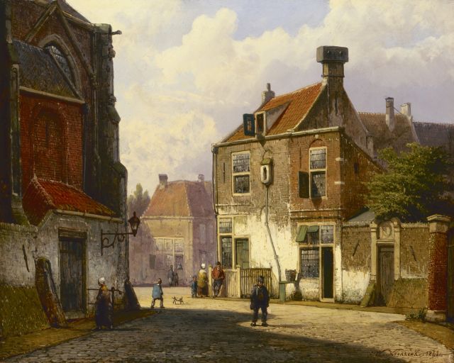 Willem Koekkoek | Oudhollands straatje, olieverf op paneel, 28,6 x 35,7 cm, gesigneerd r.o. en gedateerd 1861