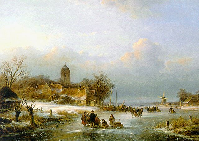 Lodewijk Johannes Kleijn | Schaatsers en koek-en-zopie op het ijs, olieverf op paneel, 43,2 x 59,5 cm, gesigneerd r.o.