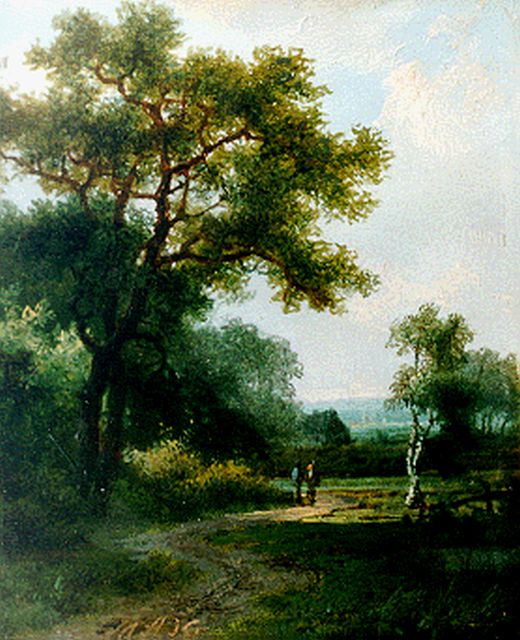 Marinus Adrianus Koekkoek I | Zomers landschap met wandelaars, olieverf op paneel, 10,4 x 9,2 cm, gesigneerd l.o.