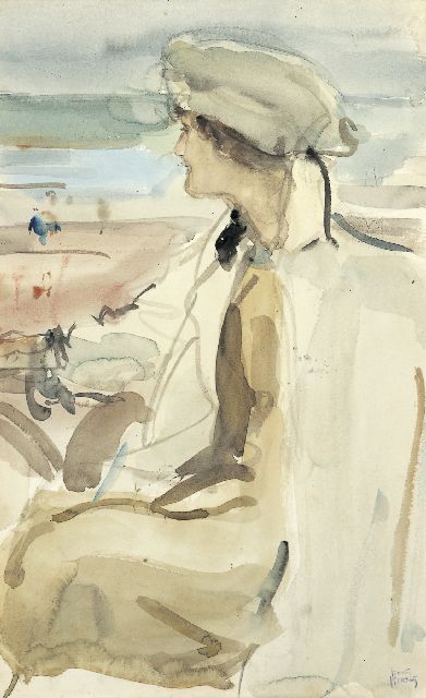 Israels I.L.  | Portret van Lola Cornero op een terras in Scheveningen, aquarel op papier 47,2 x 30,0 cm, gesigneerd r.o. en te dateren ca. 1919