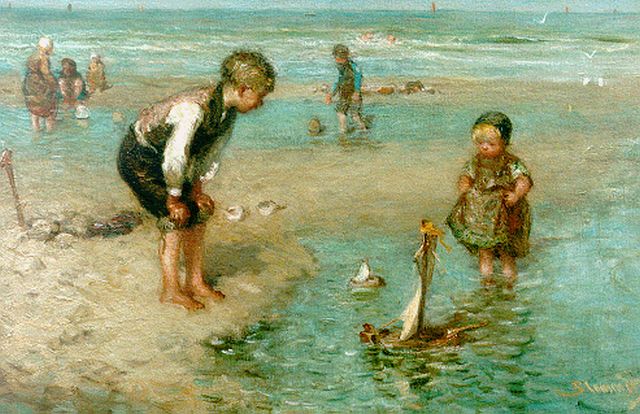 Bernard Blommers | Spelende kinderen aan het strand, olieverf op doek, 36,2 x 54,3 cm, gesigneerd r.o.