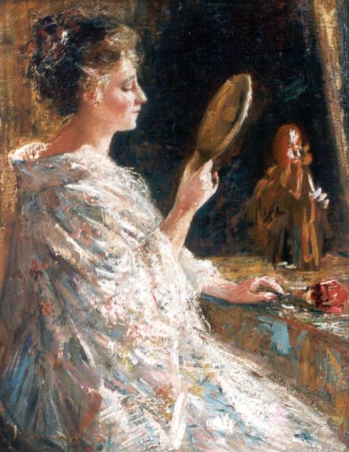 Simon Maris | Jonge vrouw met spiegel, olieverf op doek, 50,9 x 40,0 cm, gesigneerd l.o.