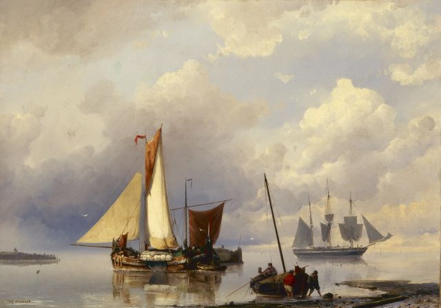 Jan H.B. Koekkoek | Schepen voor de kust bij kalm weer, olieverf op doek, 43,3 x 62,0 cm, gesigneerd l.o.