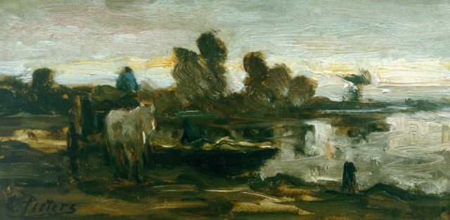 Pieters E.  | Landschap met boeren en paard en wagen, olieverf op paneel 14,5 x 28,3 cm, gesigneerd l.o.