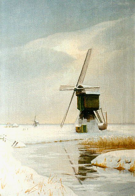 Dirk Smorenberg | Besneeuwde molens bij Ankeveen, olieverf op doek, 59,0 x 41,5 cm, gesigneerd r.o.