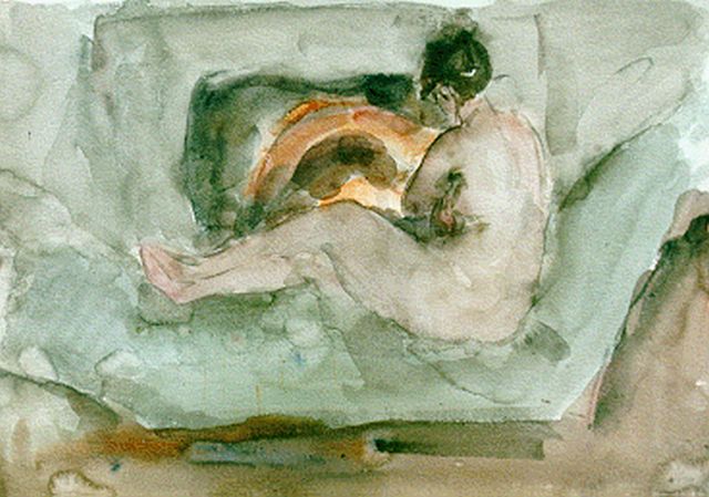 Isaac Israels | Naakt op divan voor de haard, aquarel op papier, 35,4 x 50,6 cm, te dateren 1930
