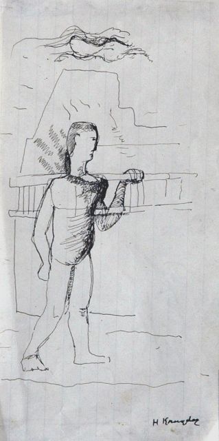 Herman Kruyder | Man met ladder, pen en inkt op papier, 19,4 x 9,7 cm, gesigneerd r.o.