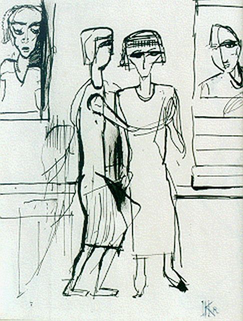 Herman Kruyder | Bezoek aan het museum verso: tekening met figuren, Oost-Indische inkt op papier, 20,0 x 15,0 cm, gesigneerd monogram r.o.