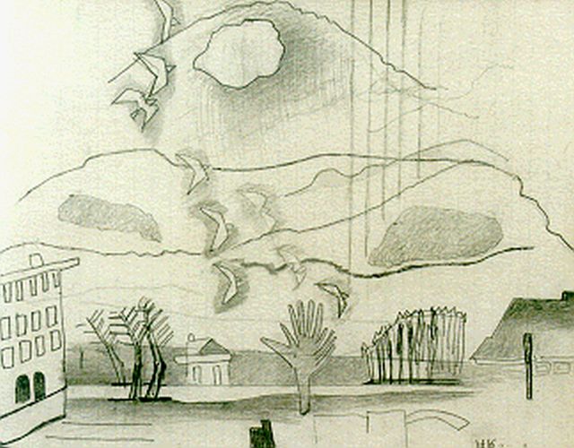 Herman Kruyder | Landschap met opvliegende vogels, potlood op papier, 19,7 x 24,8 cm, gesigneerd r.o.
