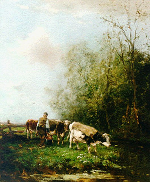Johan Frederik Cornelis Scherrewitz | Boer met zijn koeien aan de slootkant, olieverf op doek, 65,5 x 55,3 cm, gesigneerd r.o.