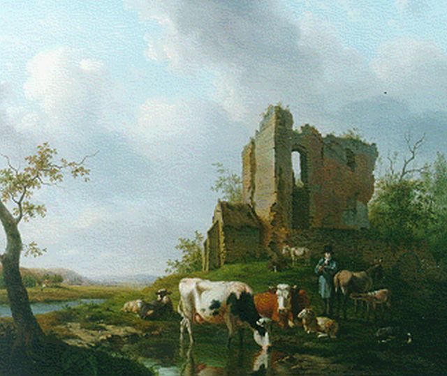 Hendrikus van de Sande Bakhuyzen | Koeien bij ruïne, olieverf op doek, 59,0 x 70,9 cm, gesigneerd r.o.