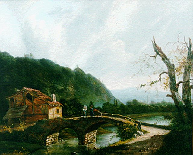 Jacobus Hendricus Johannes Nooteboom | Berglandschap met figuren op een brug, olieverf op paneel, 35,3 x 43,1 cm, gesigneerd r.o.