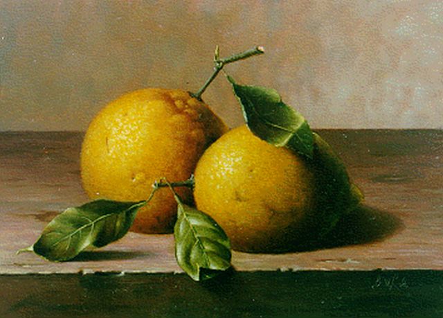 Wanyi B.  | Stilleven met citroenen, olieverf op paneel 13,0 x 18,0 cm, gesigneerd r.o. ini