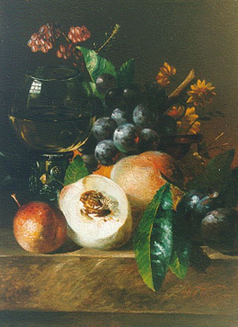 Weidner W.F.  | Stilleven met perziken, druiven en een roemer, olieverf op paneel 25,8 x 19,1 cm, gesigneerd r.o.