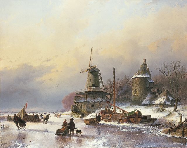 Andreas Schelfhout | IJsvertier aan de voet van een molen, olieverf op doek, 88,7 x 110,7 cm, gesigneerd r.o. en gedateerd 1839
