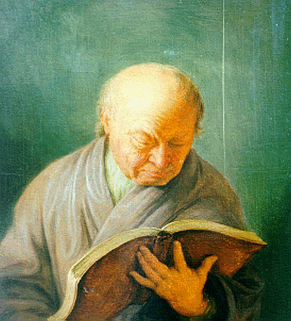 Mieris de Jonge F. van | Oude man met boek, olieverf op paneel 18,2 x 16,8 cm, gesigneerd verso en gedateerd 1740